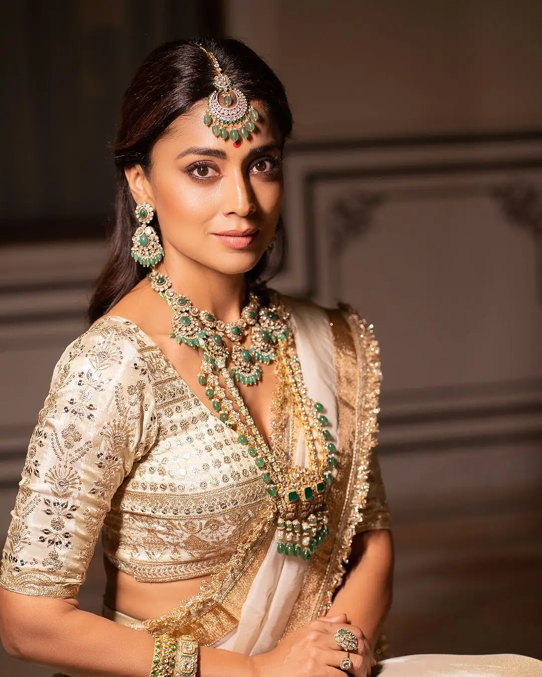 Shriya Saran Wearing Beautiful Earrings Jewellery White Saree